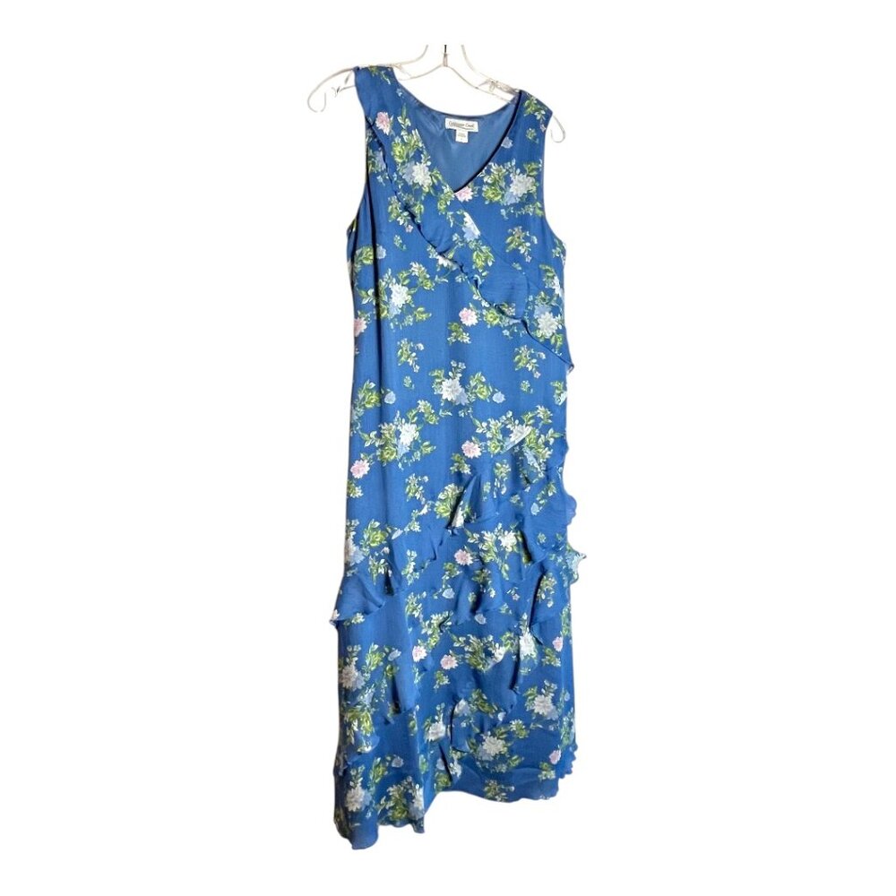 Coldwater Creek blue floral ruffled sleeveless dressy dress, NWOT size S